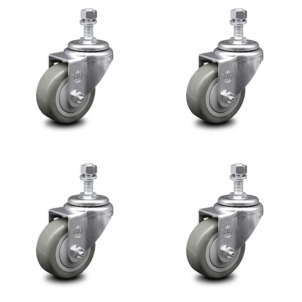 3.5 Inch Gray Polyurethane Wheel Swivel 12mm Threaded Stem Caster Set SCC